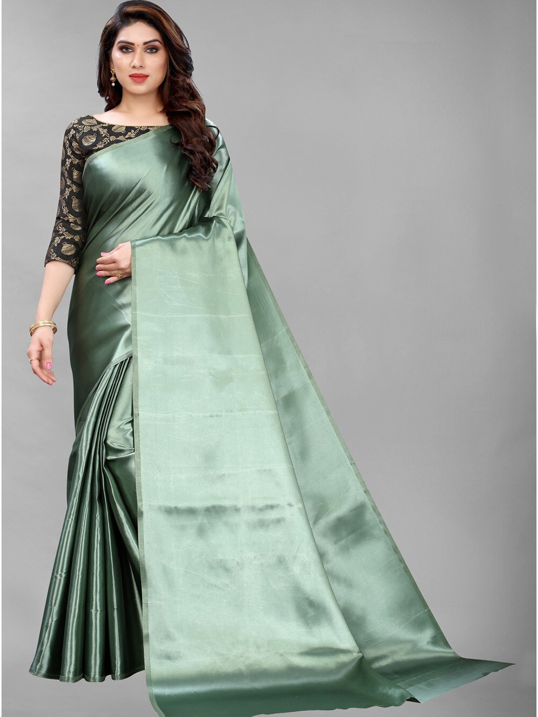 

PERFECTBLUE Green Satin Saree