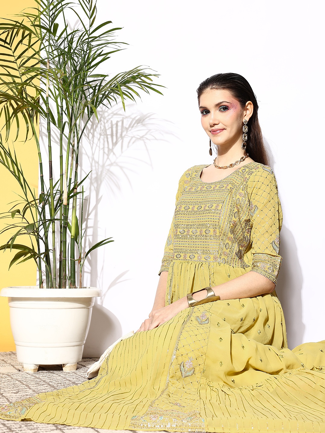 

Kvsfab Yellow Ethnic Motifs Embroidered Maxi Dress