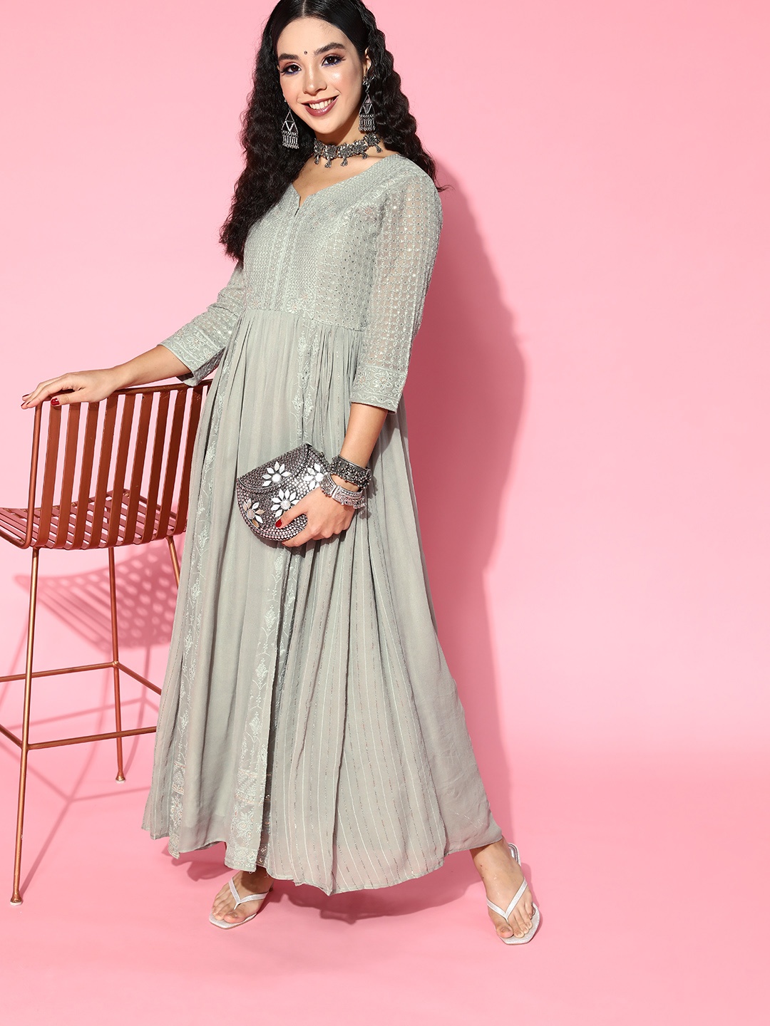 

Kvsfab Women Beautiful Grey Ethnic Motifs Bling it On Dress