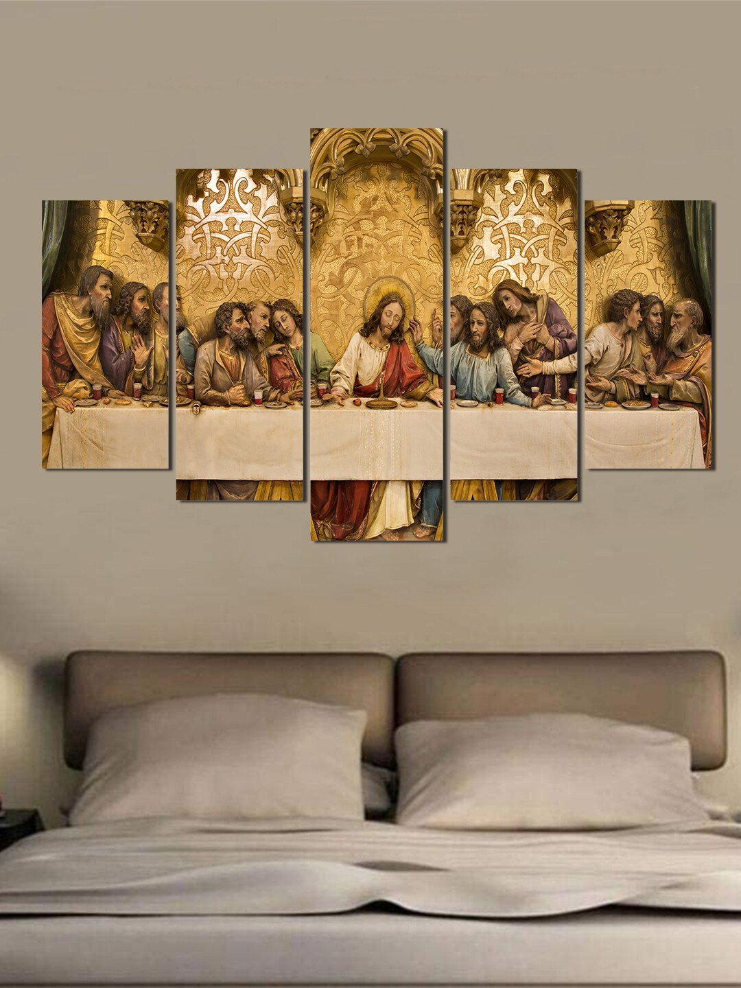 

WENS Beige-Coloured Last Supper of Jesus Painted Laminated 5 Panels Wall Ar