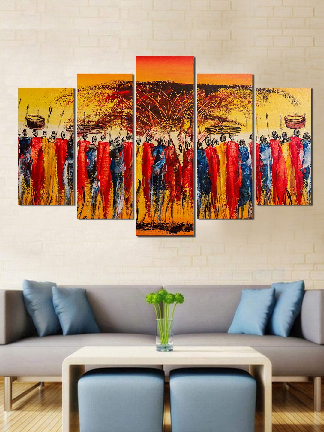 

WENS Set Of 5 Red & Blue Modern African Art Laminated Wall Arts, Multi