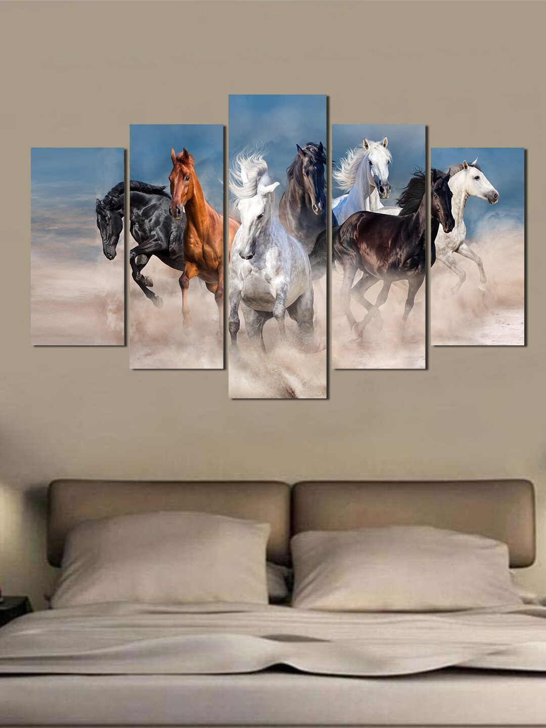 

WENS Set of 5 White & Blue Seven Running Horses Abstract Painting Wall Art