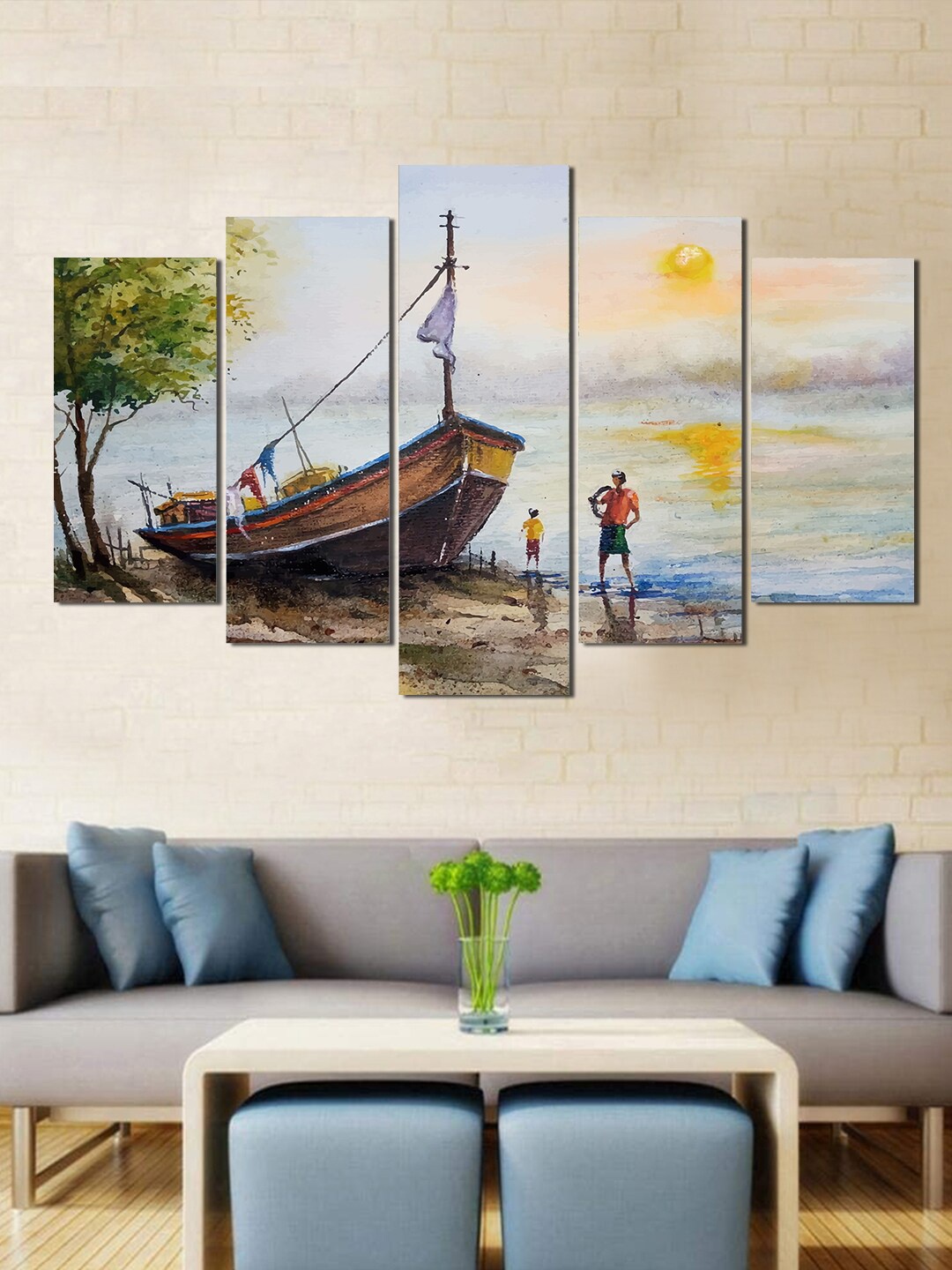 

WENS Set Of 5 White & Green River Side View Laminated Wall Arts
