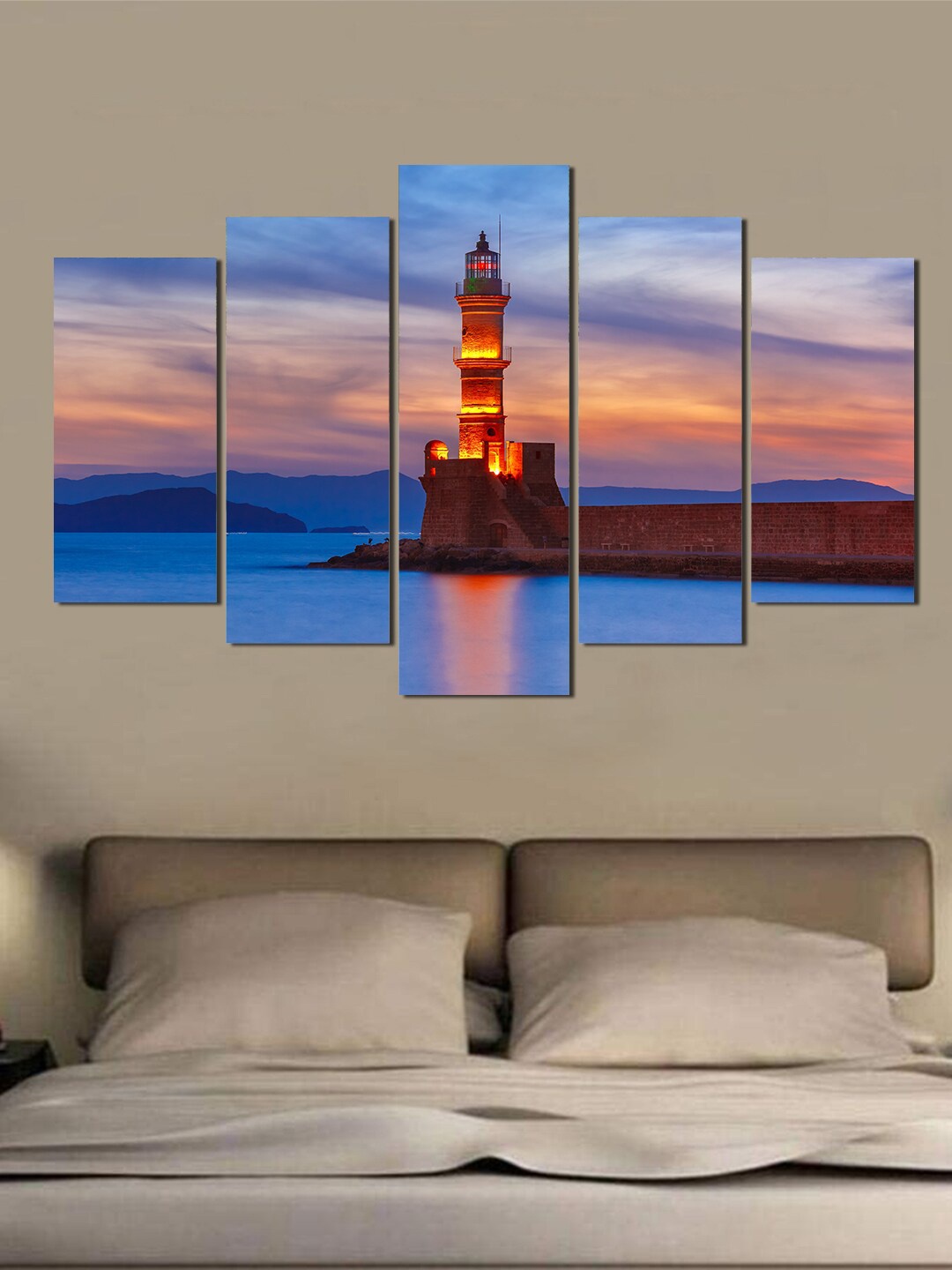 

WENS Set Of 5 Blue & Orange Greece Light House Laminated Wall Art