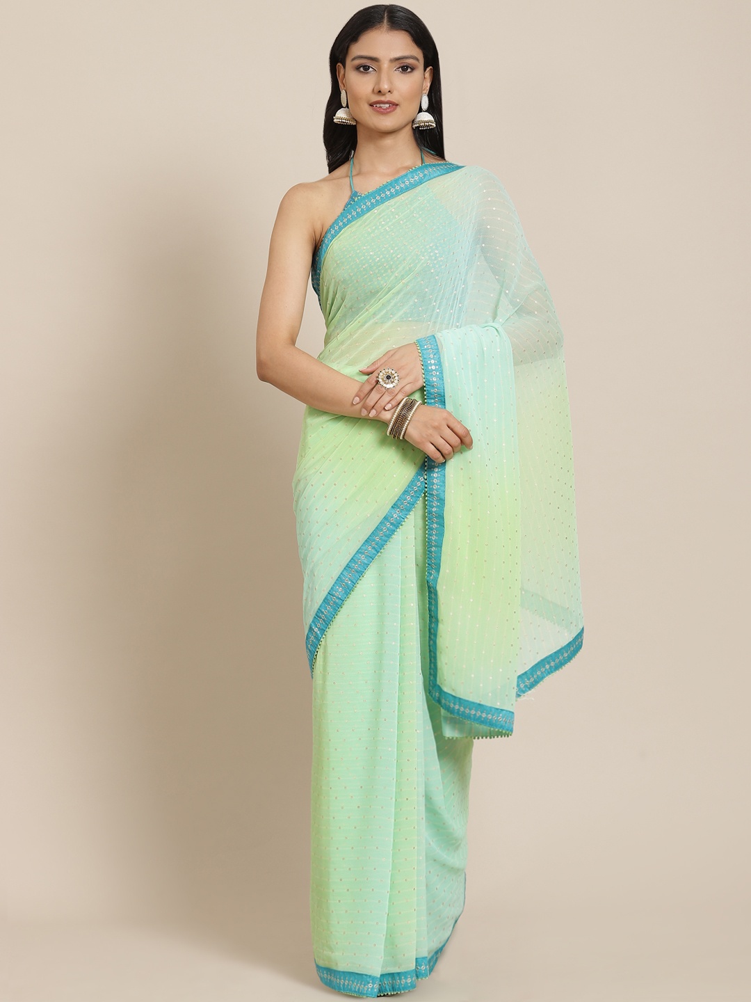 

SHANGRILA Green Striped Sequinned Saree