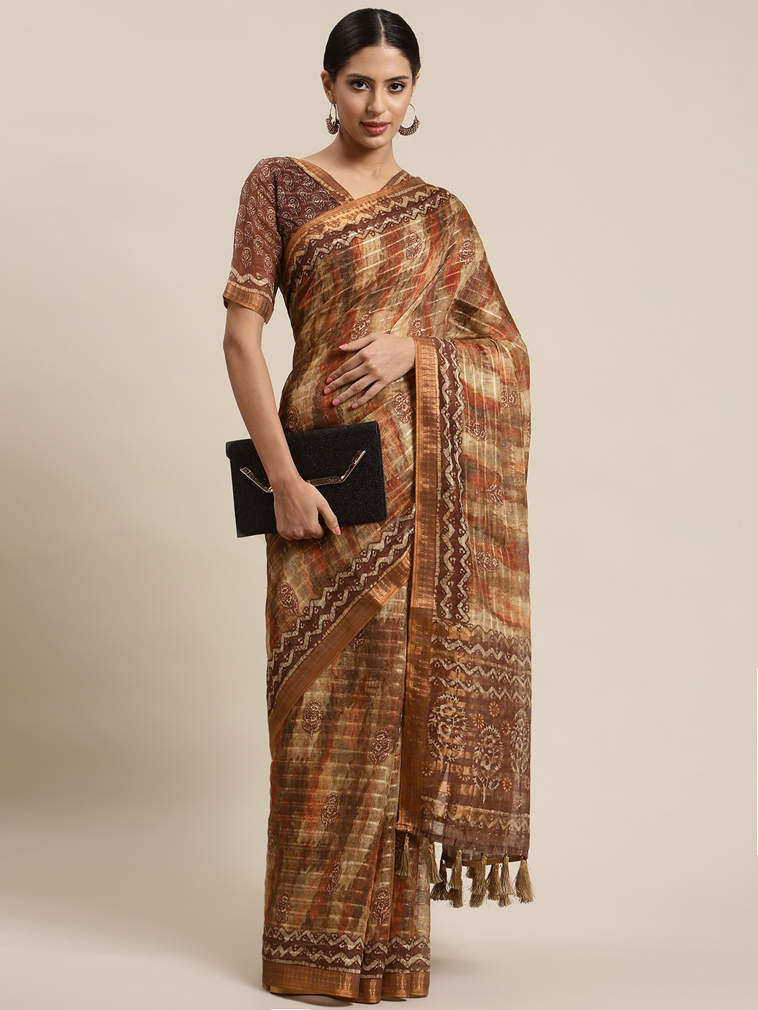 

SHANGRILA Brown & Beige Crochet Sequins Work Linen Saree