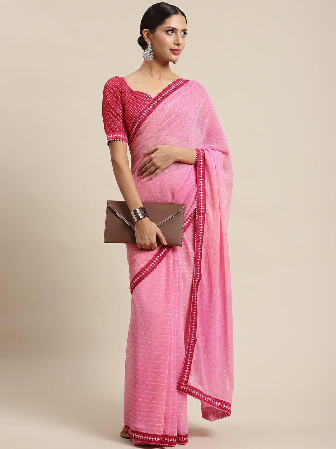 

SHANGRILA Pink Embellished Embroidered Saree