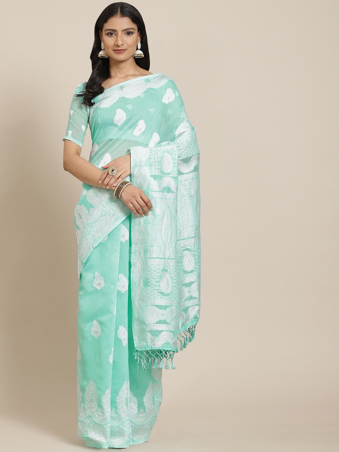 

SHANGRILA Sea Green & White Chikankari Cotton Banarasi Saree