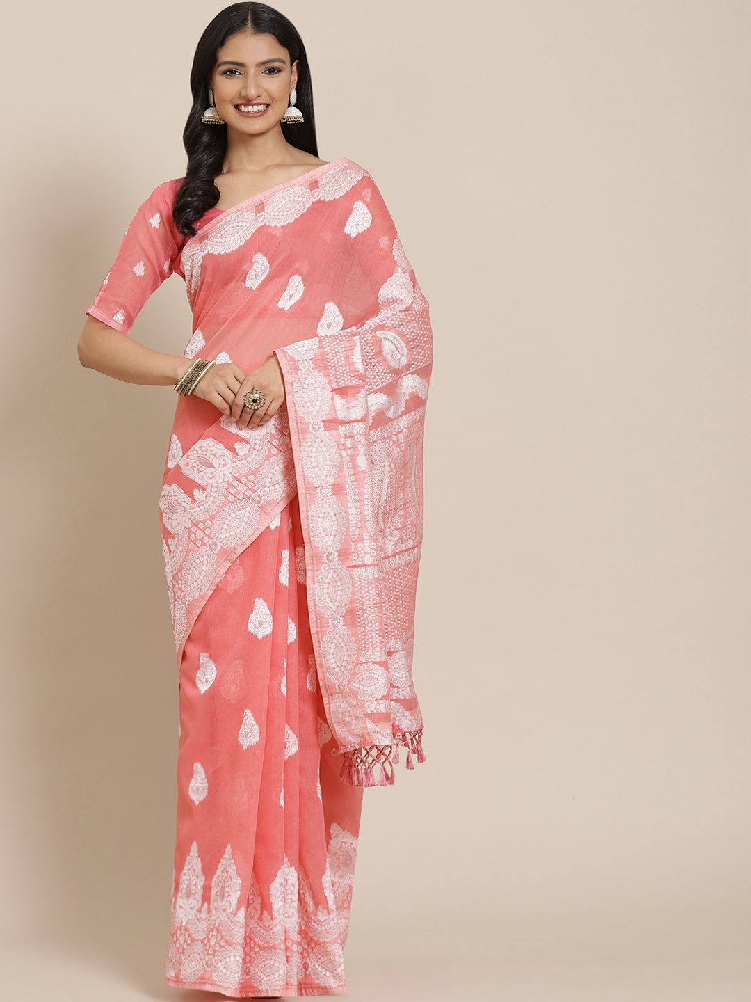 

SHANGRILA Pink & White Chikankari Cotton Banarasi Saree