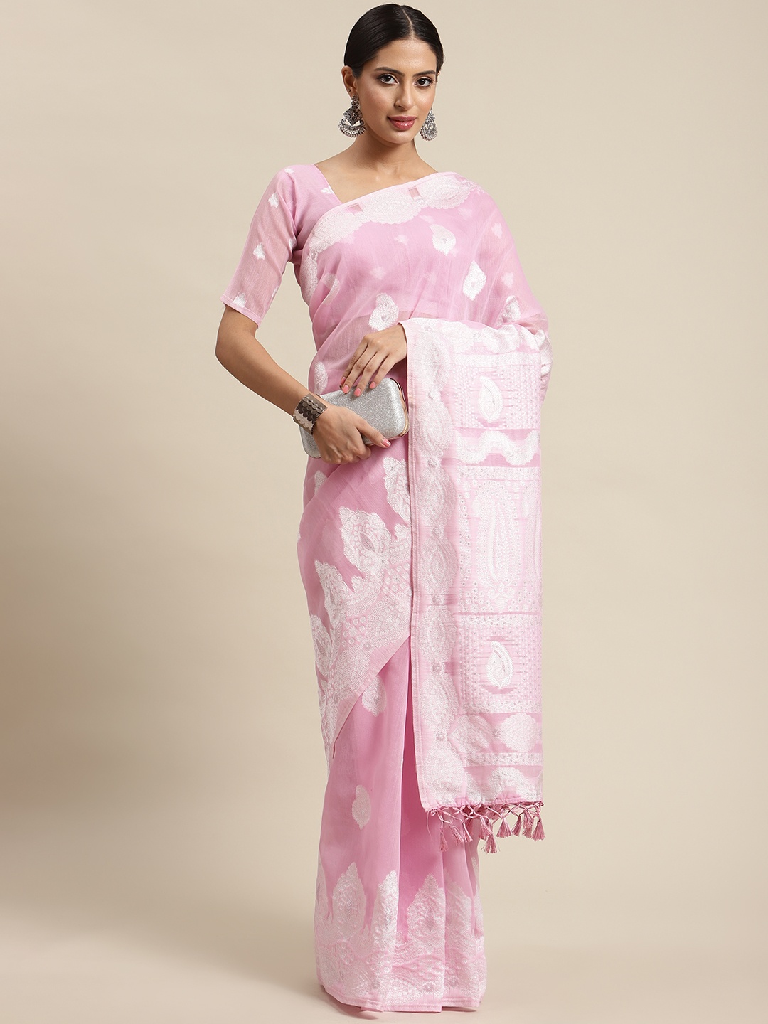 

SHANGRILA Pink Chikankari Cotton Saree