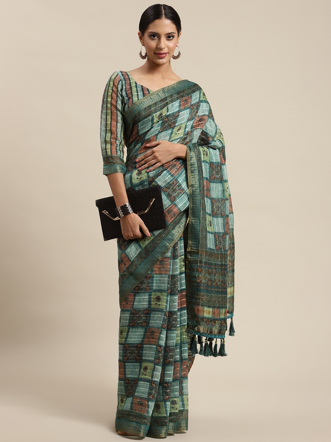 

SHANGRILA Blue & Red Crochet Sequins Work Linen Saree