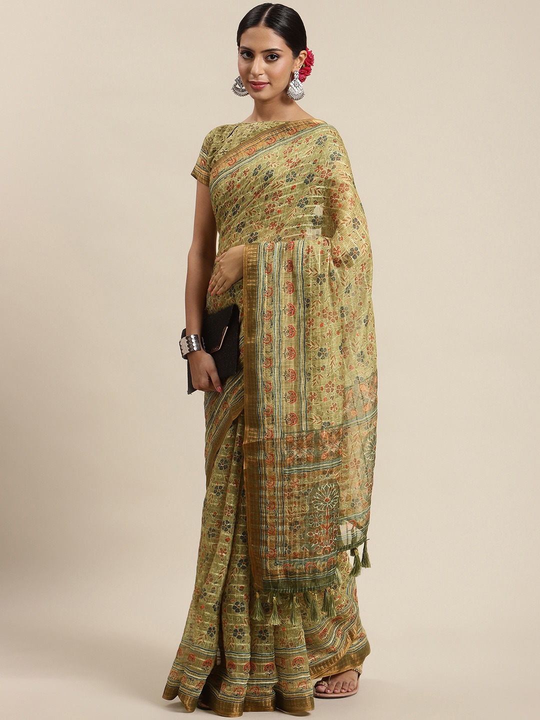 

SHANGRILA Green Crochet Sequins Work Linen Saree