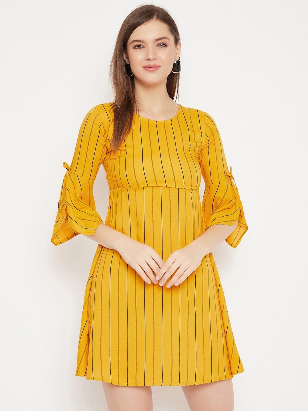 

Purple Feather Yellow & Black Striped Empire Dress