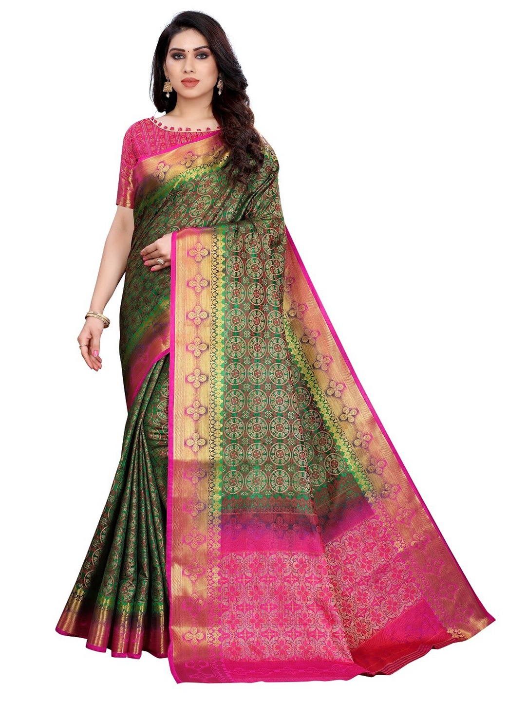 

PERFECTBLUE Green & Pink Ethnic Motifs Art Silk Saree
