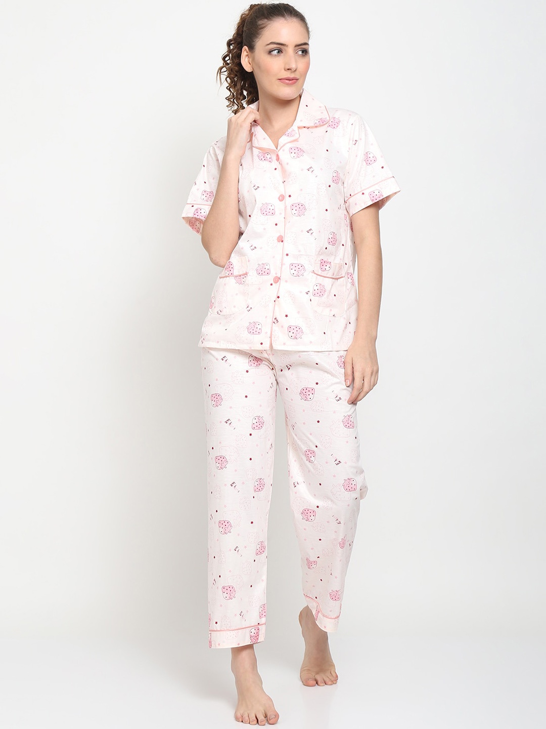 

TAG 7 Women Cream-Coloured & Pink Printed Night suit