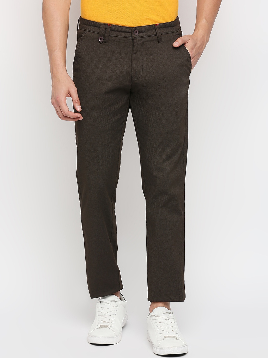 

Solemio Men Brown Checked Comfort Easy Wash Chinos Trousers