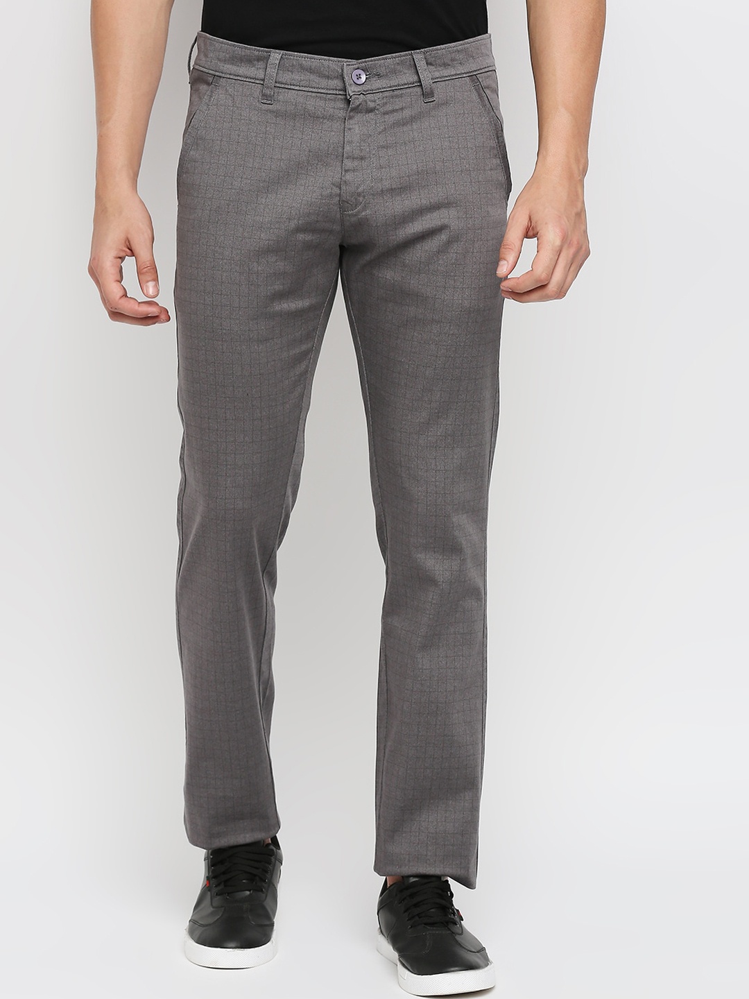 

Solemio Men Grey Checked Comfort Easy Wash Chinos Trousers
