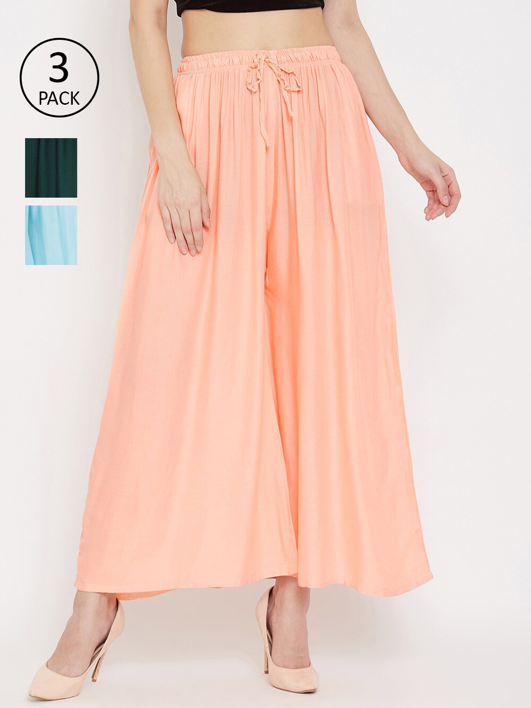 

Clora Creation Women Peach-Coloured & Green 3 Flared Palazzos