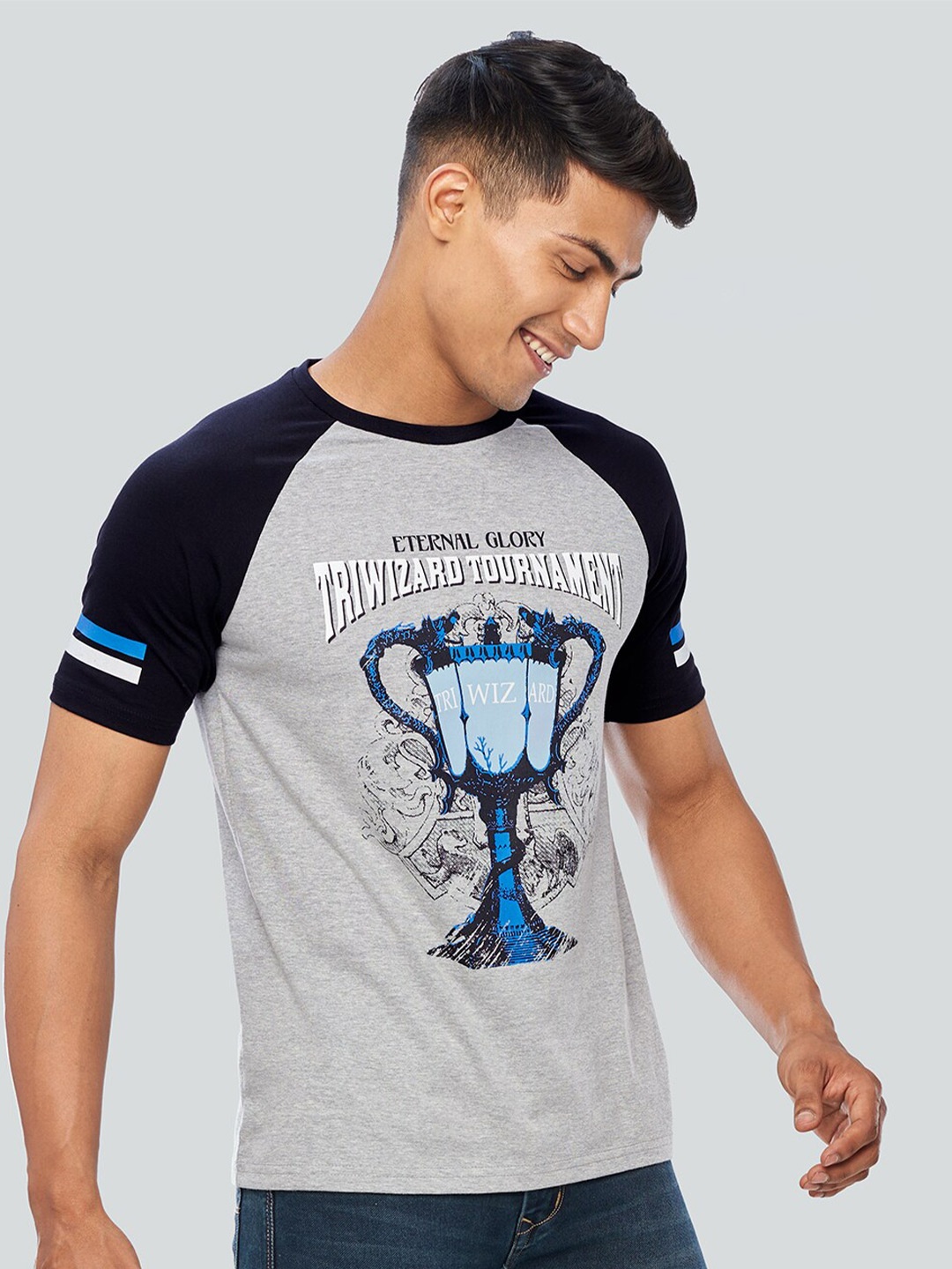 

The Souled Store Men Grey & Navy Blue Printed T-shirt