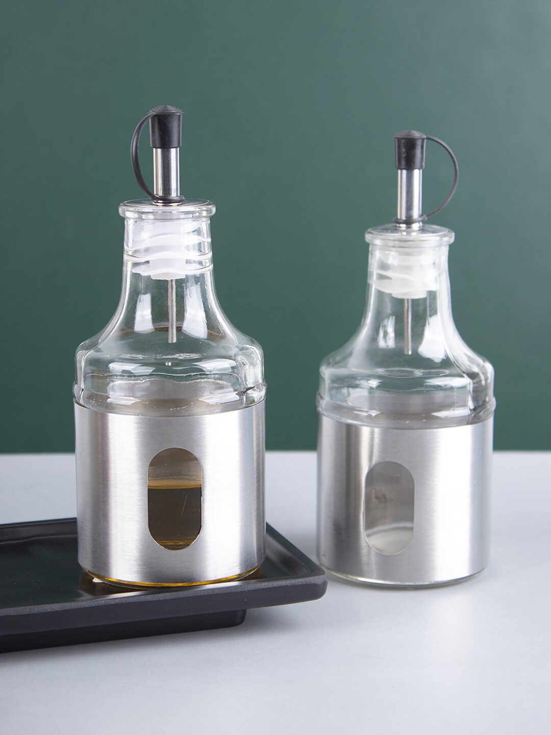 

MARKET99 Set Of 2 Silver-Toned Solid Glass Oil Dispenser
