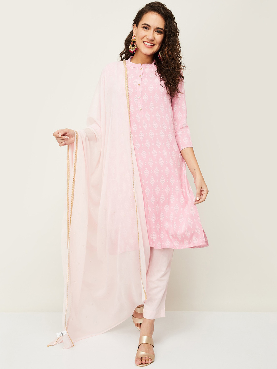 

Melange by Lifestyle Women Pink & White Ethnic Motifs Printed Kurta