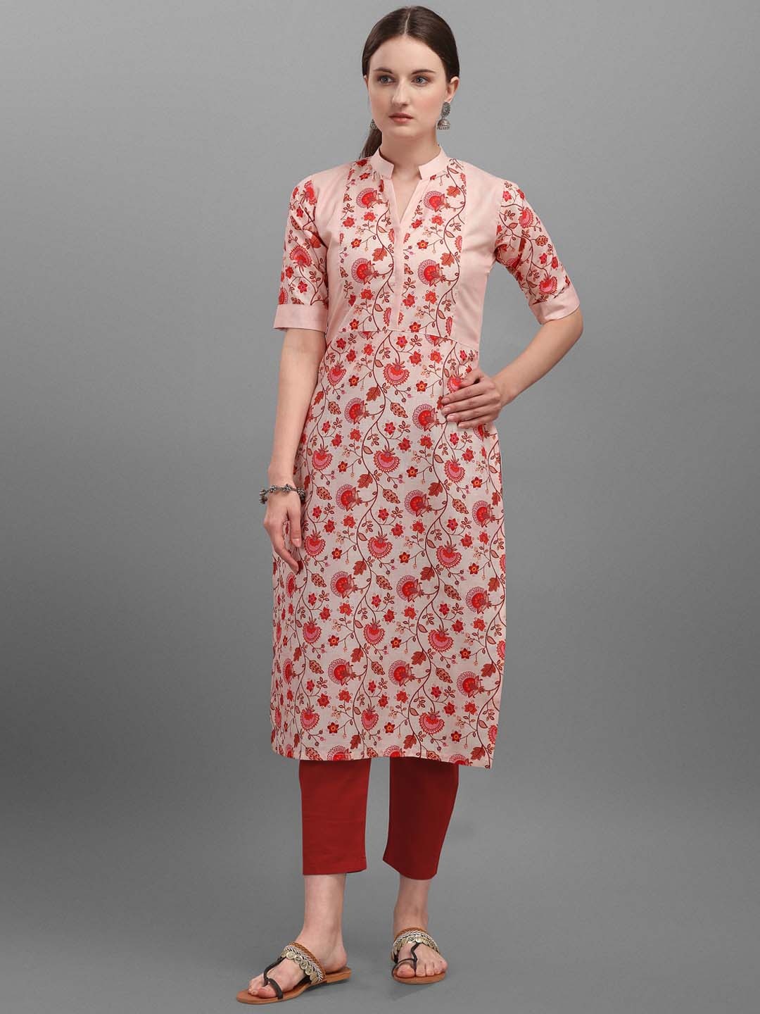

Fashion Booms Women Beige & Maroon Floral Printed Kurta
