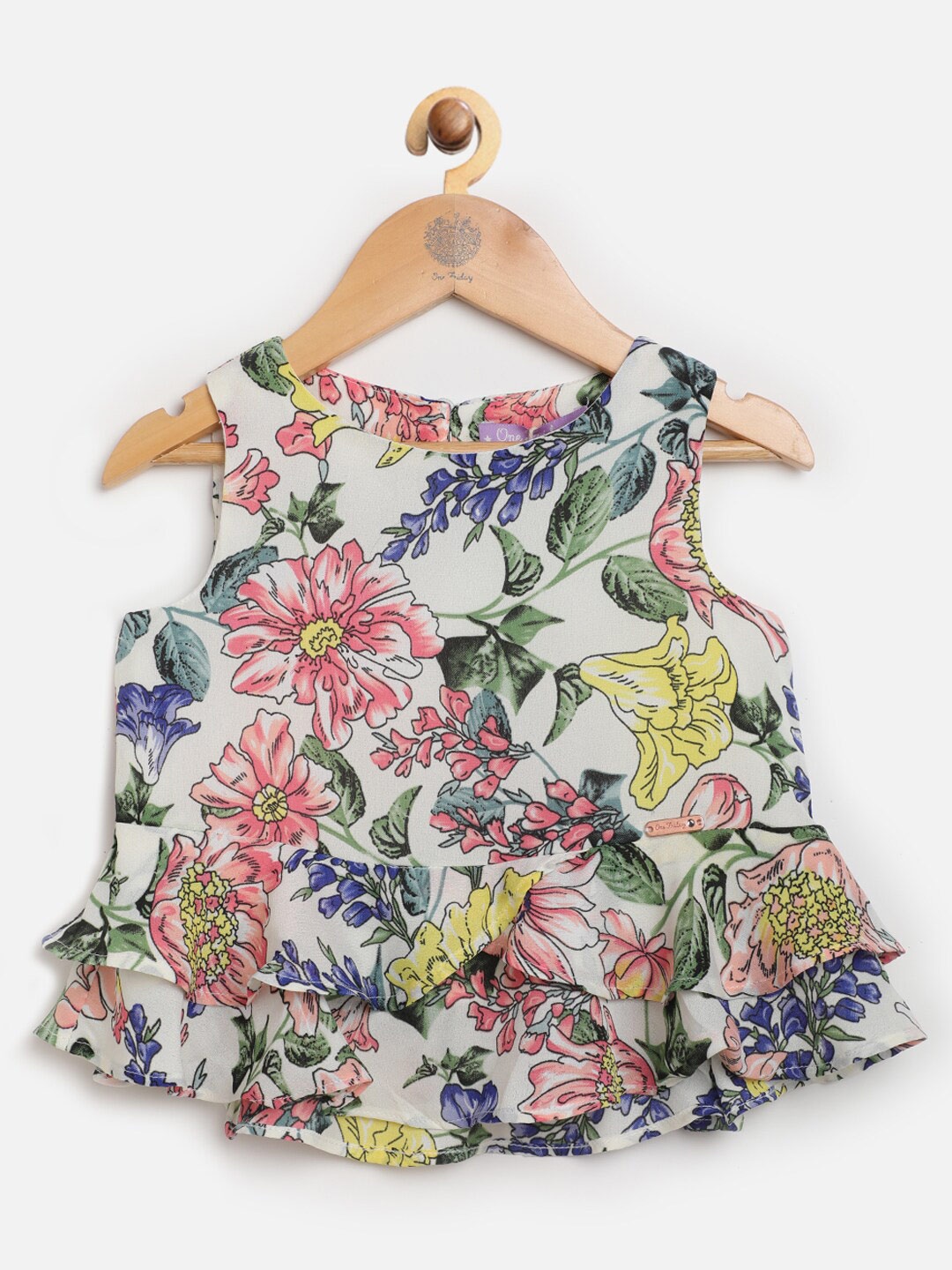 

One Friday Girls White & Green Floral Print Top