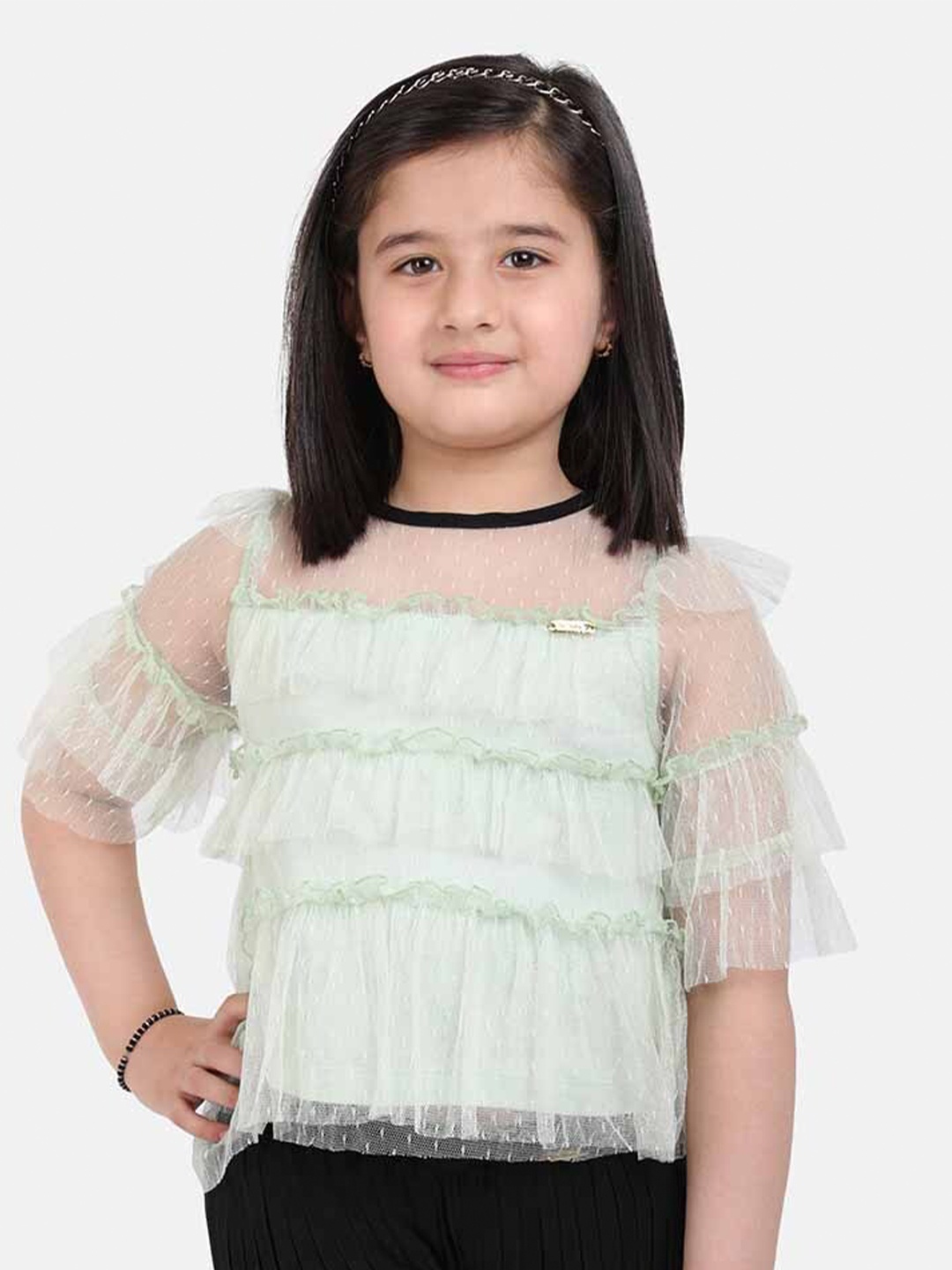 

One Friday Girls Green Ruffles Pure Cotton Top