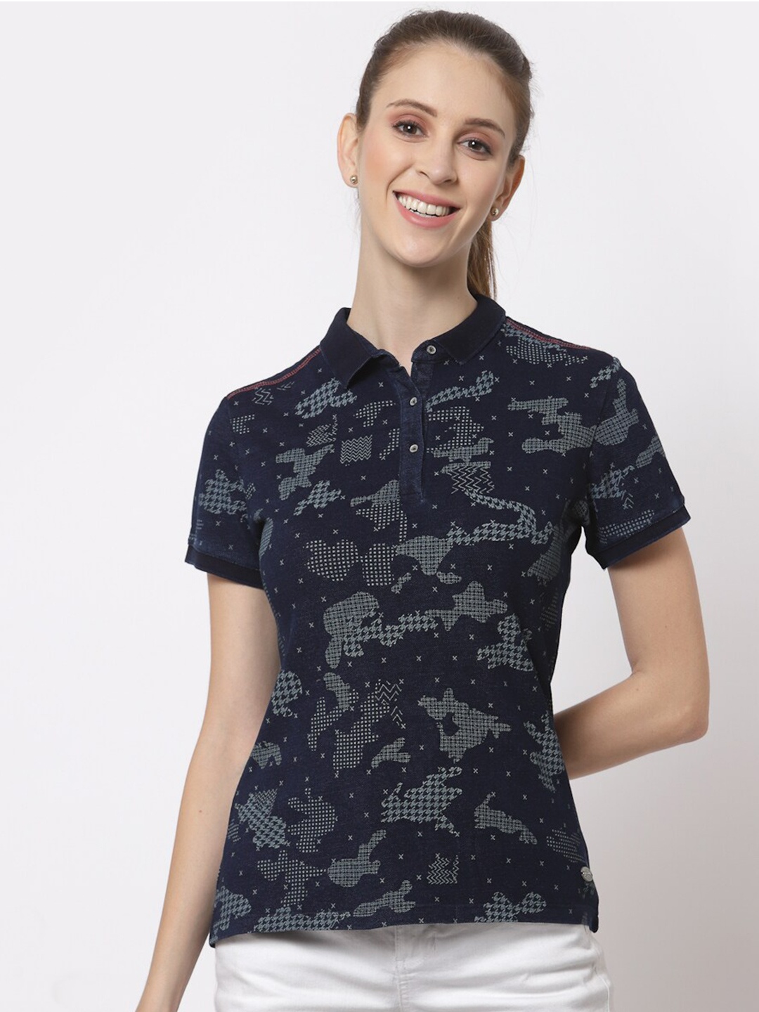 

Juelle Women Navy Blue Camouflage Printed Polo Collar Slim Fit Cotton T-shirt