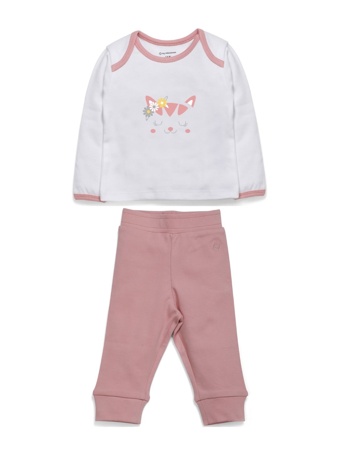 

My Milestones Girls White & Peach-Coloured Printed Pure Cotton T-shirt with Pyjamas