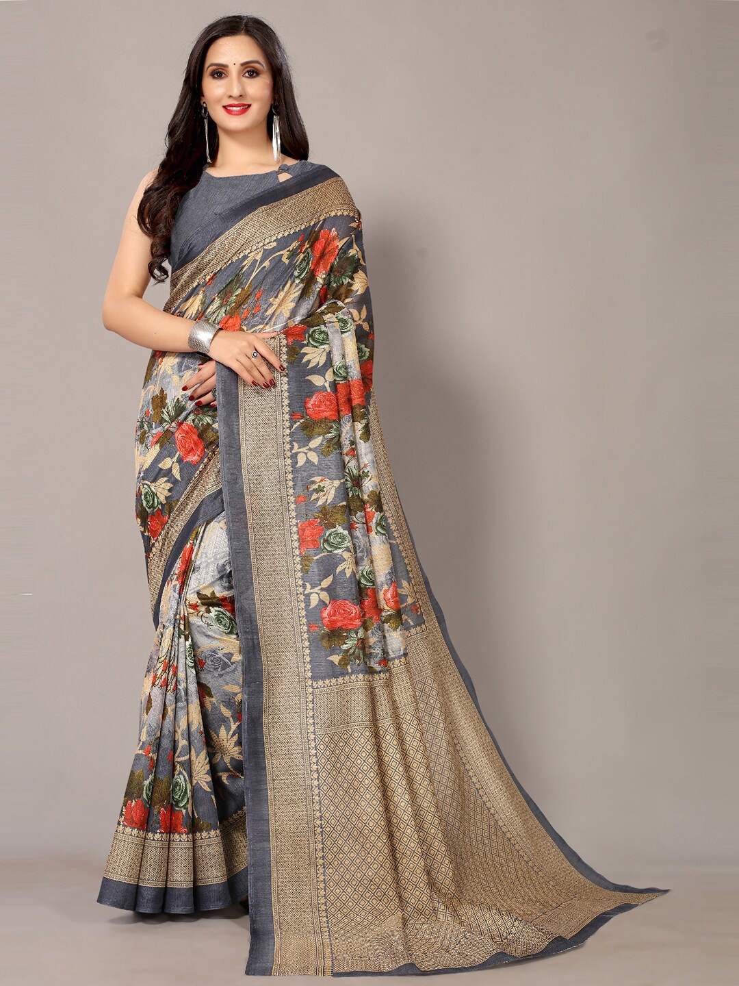 

HRITIKA Grey & Orange Floral Zari Art Silk Mysore Silk Saree