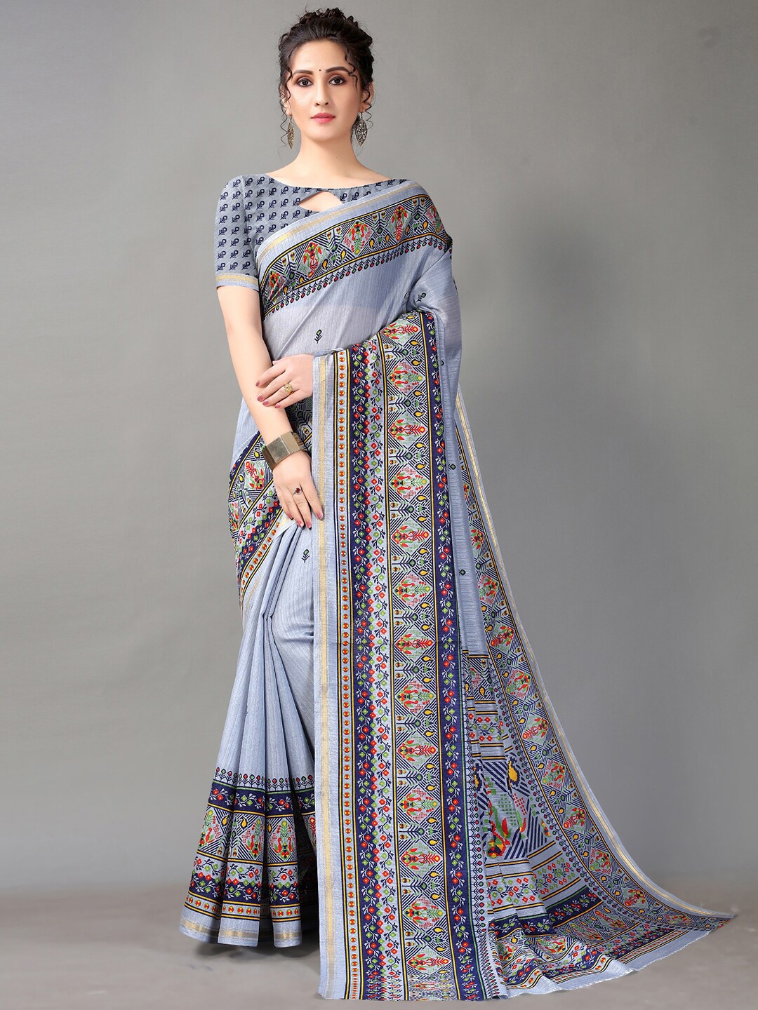 

HRITIKA Grey & Orange Ethnic Motifs Zari Art Silk Patola Saree