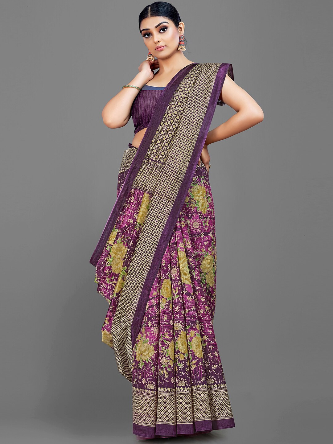 

HRITIKA Purple & Yellow Floral Art Silk Mysore Silk Saree