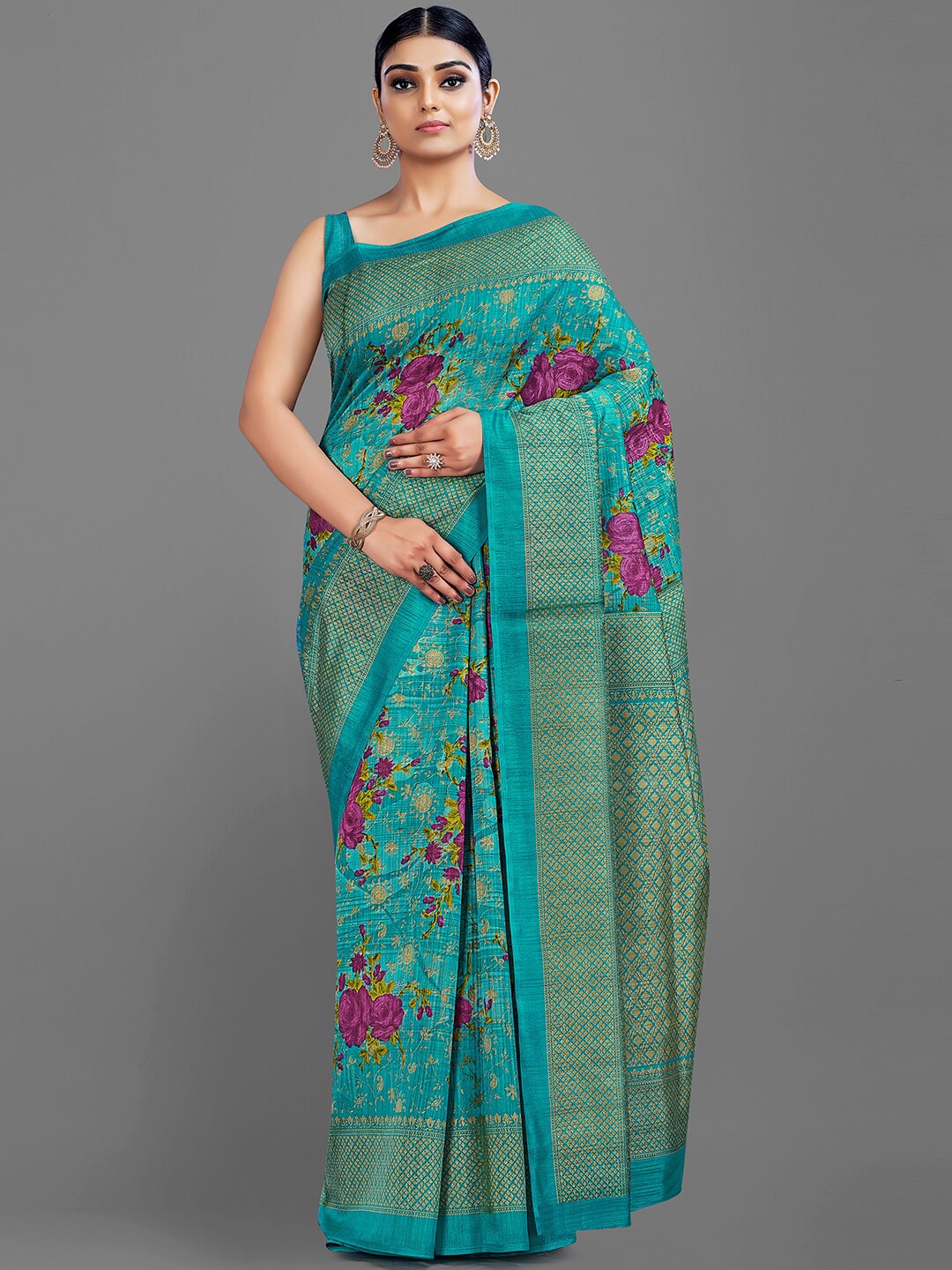 

HRITIKA Teal Blue & Magenta Floral Zari Art Silk Mysore Silk Saree