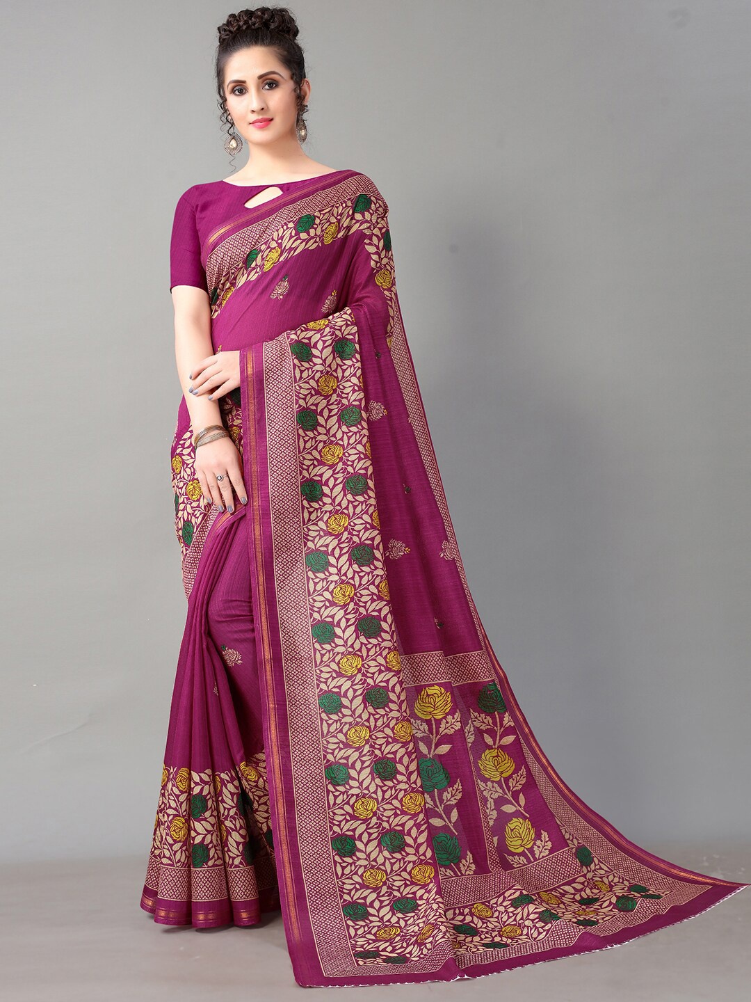 

HRITIKA Purple & Yellow Floral Zari Art Silk Mysore Silk Saree
