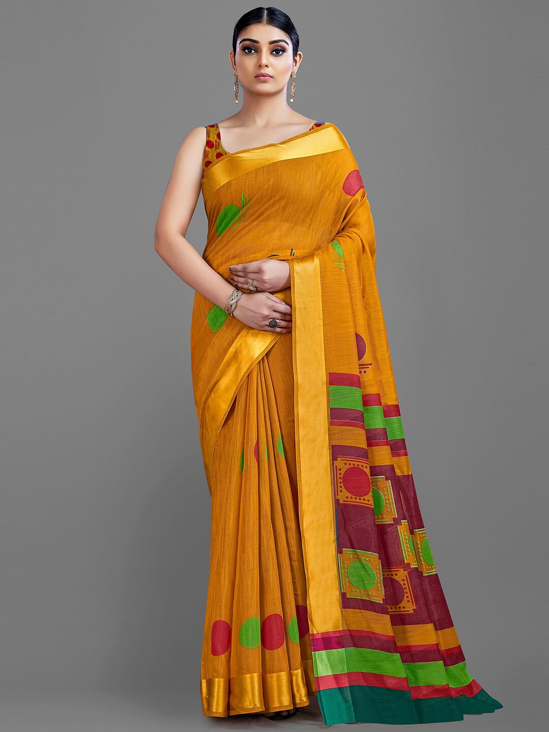 

HRITIKA Mustard & Green Block Print Saree