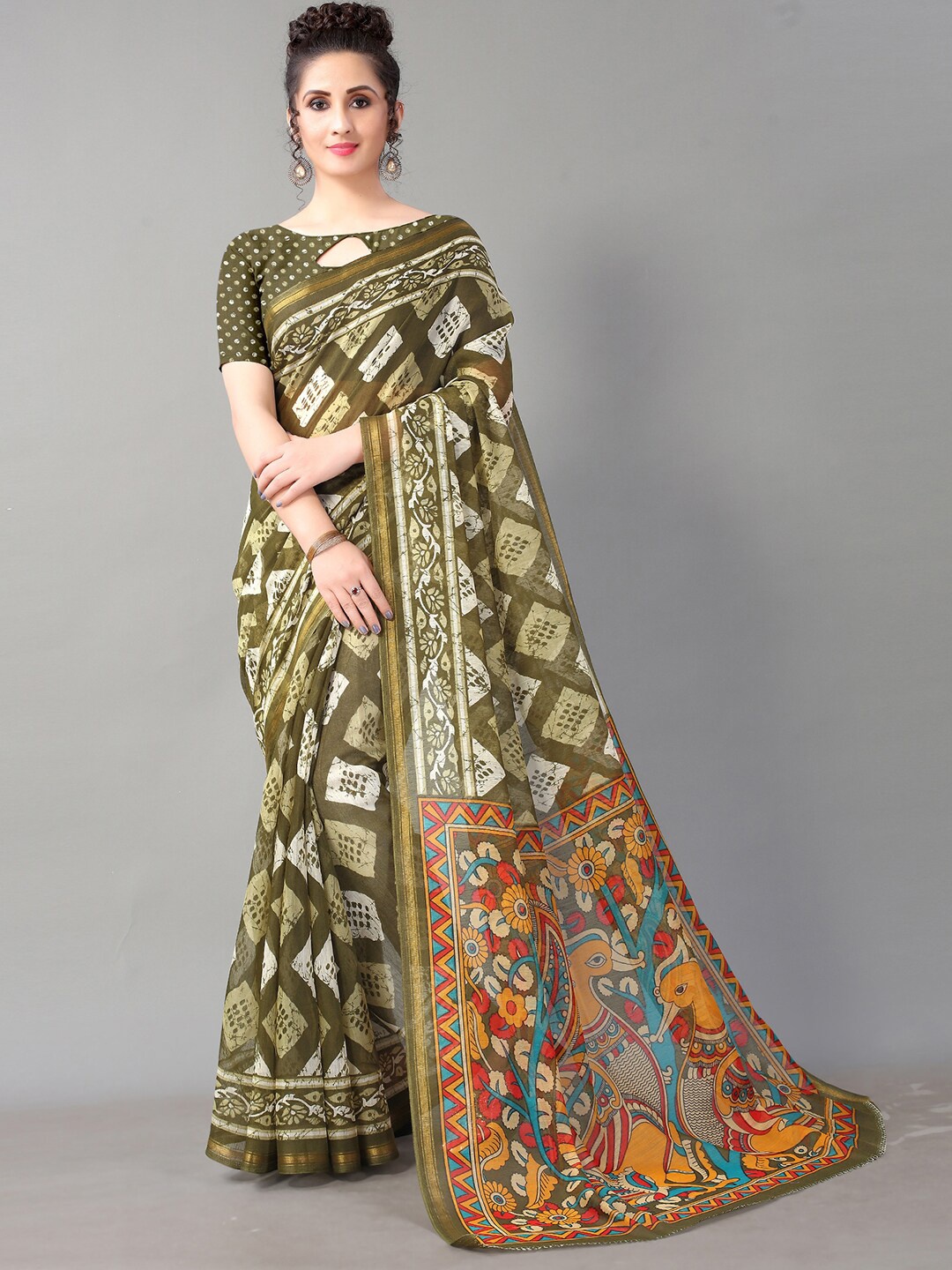 

HRITIKA Olive Green & White Batik Zari Block Print Saree