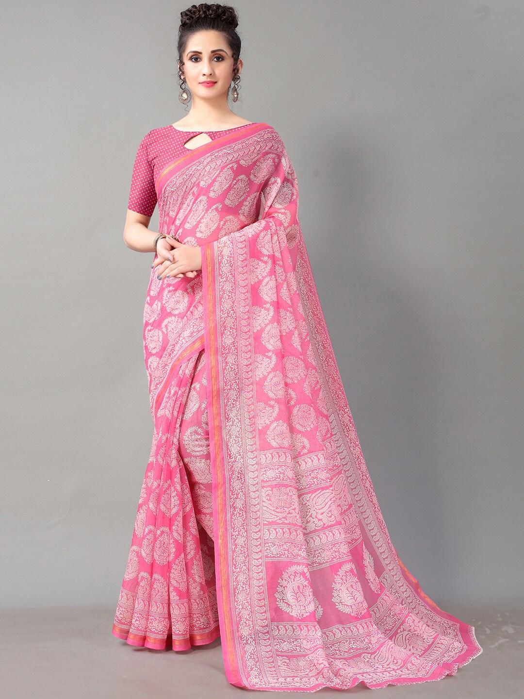 

HRITIKA Pink & White Ethnic Motifs Zari Block Print Saree