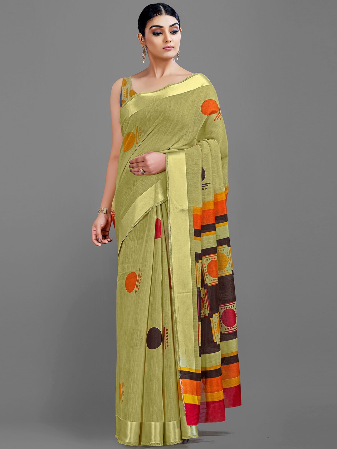 

HRITIKA Beige & Orange Zari Block Print Saree