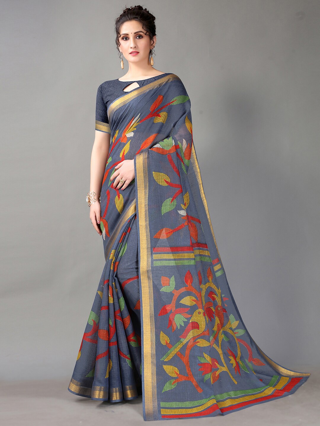 

HRITIKA Grey & Red Floral Zari Block Print Saree