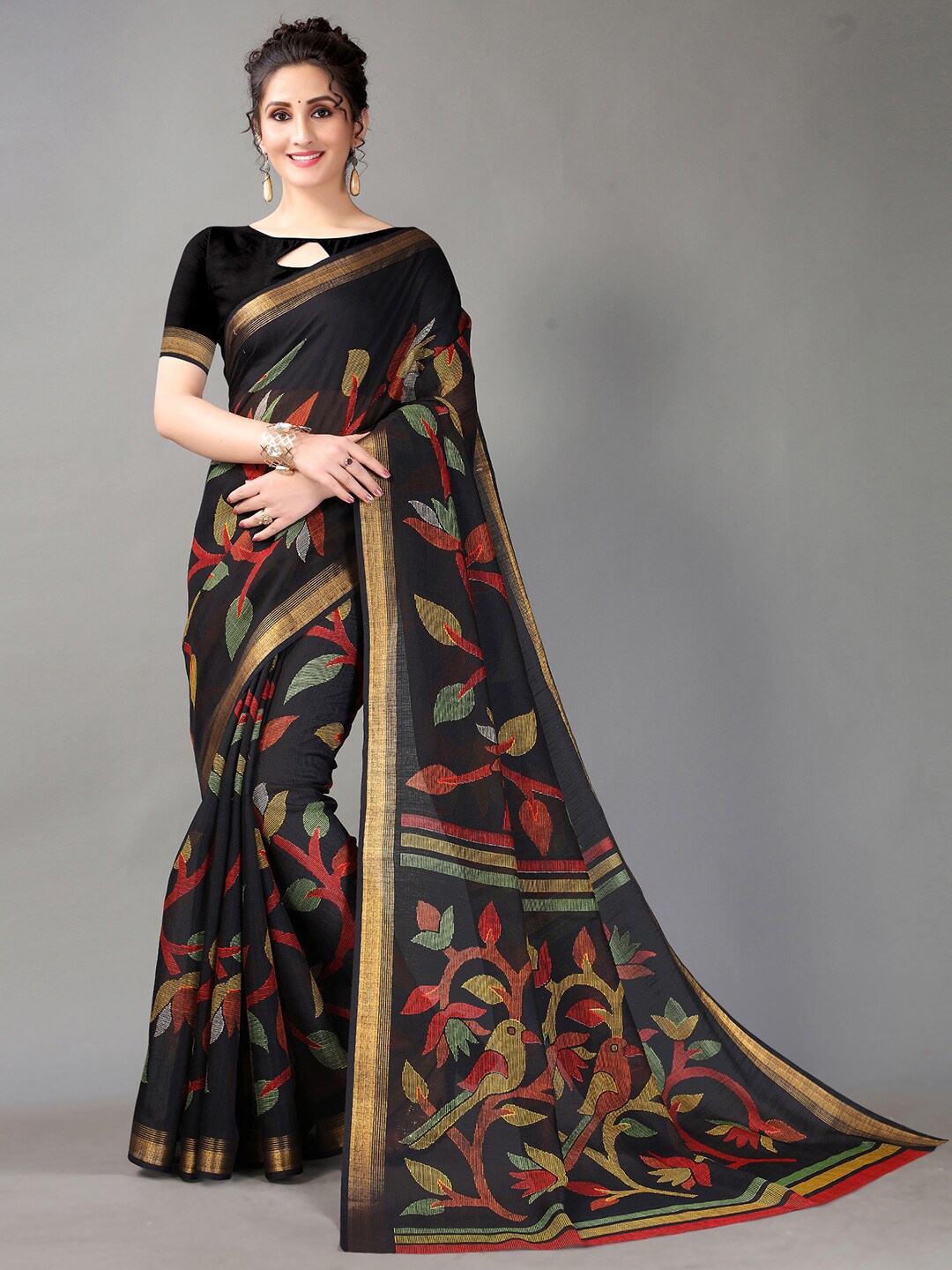 

HRITIKA Black & Gold-Toned Floral Zari Block Print Saree