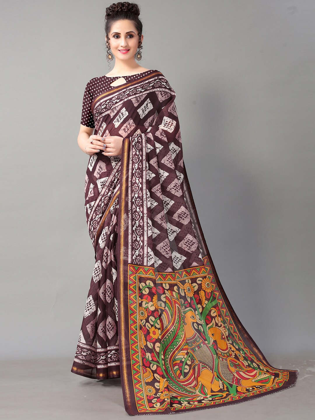 

HRITIKA Coffee Brown & Pink Batik & Kalamkari Zari Block Print Saree