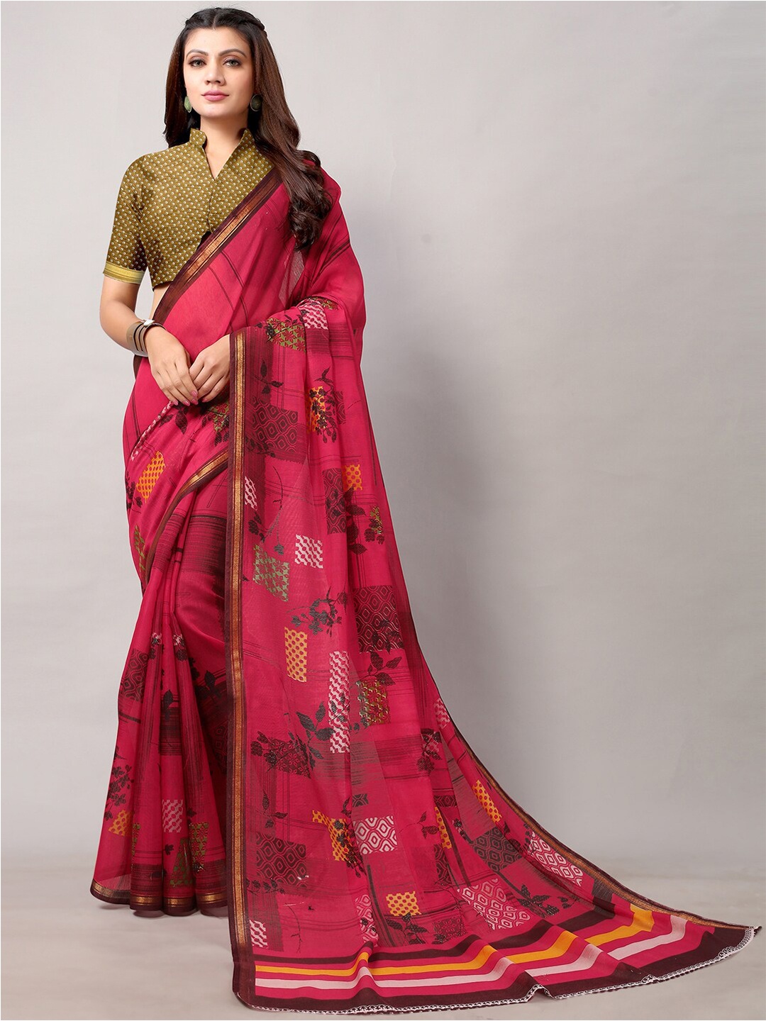 

HRITIKA Coral Red & Yellow Ethnic Motifs Zari Block Print Saree