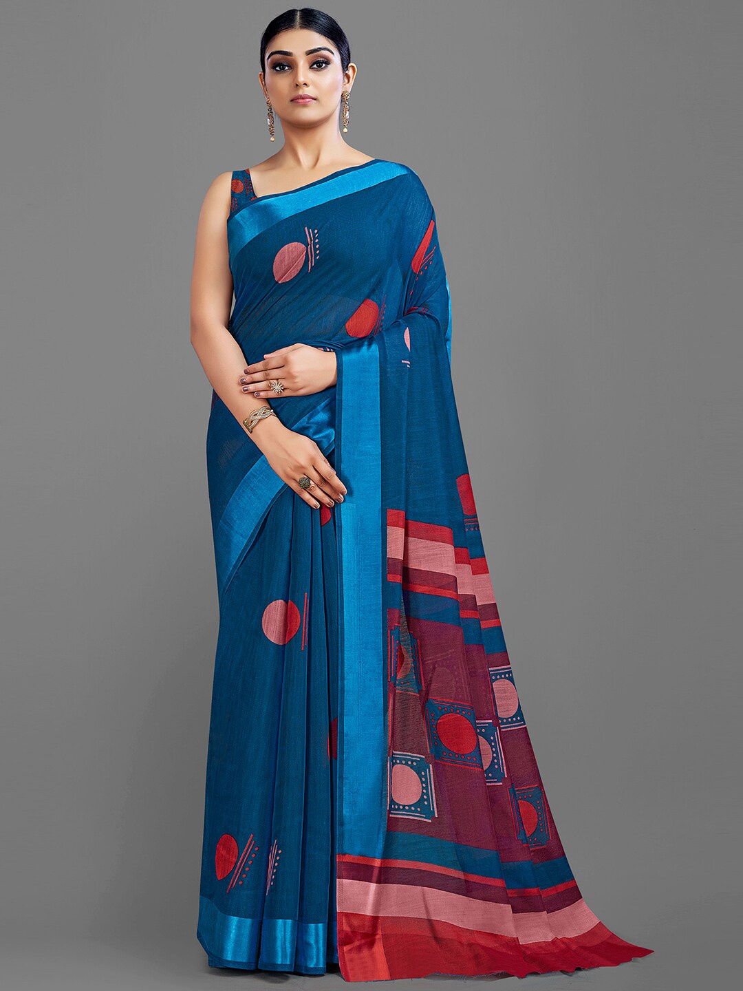 

HRITIKA Navy Blue & Maroon Polka Dot Printed Saree