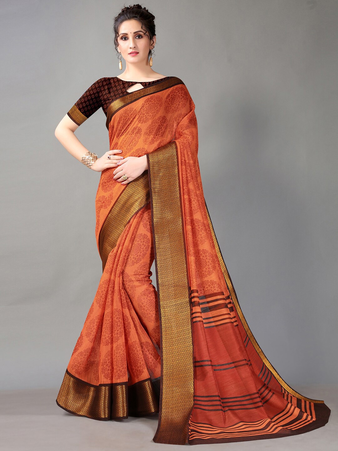 

HRITIKA Orange & Brown Ethnic Motifs Zari Block Print Saree