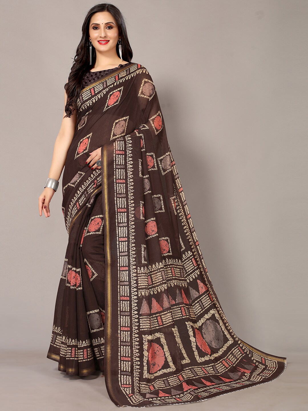 

HRITIKA Brown & Gold-Toned Batik Printed Saree