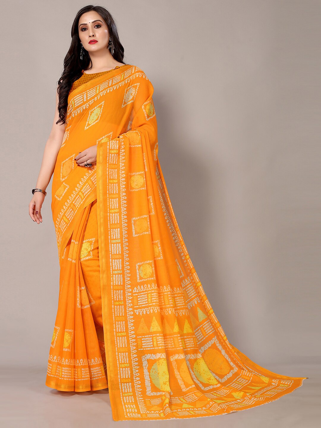 

HRITIKA Mustard & Gold-Toned Batik Zari Cotton Blend Block Print Saree