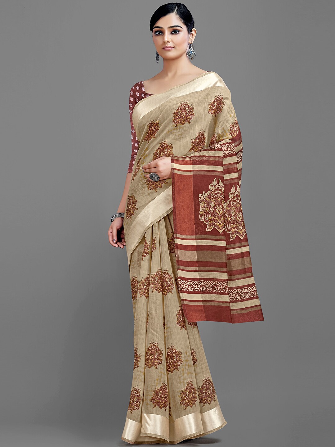 

HRITIKA Beige & Brown Ethnic Motifs Cotton Blend Block Print Saree