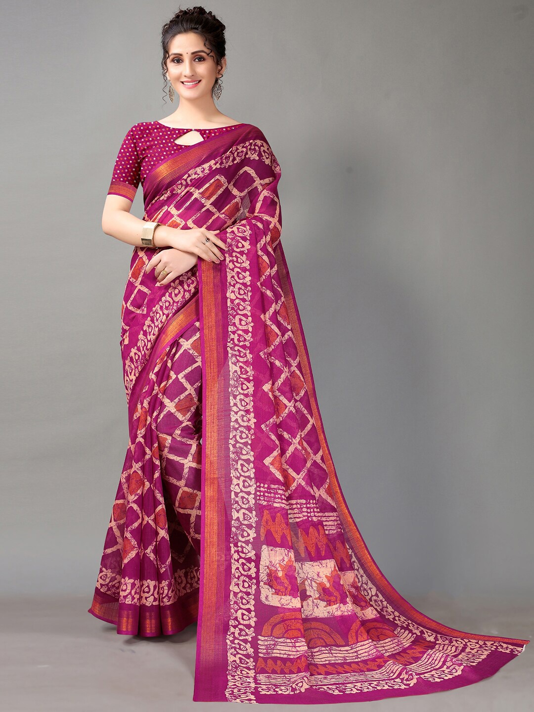 

HRITIKA Purple & Cream-Coloured Geometric Zari Block Print Saree