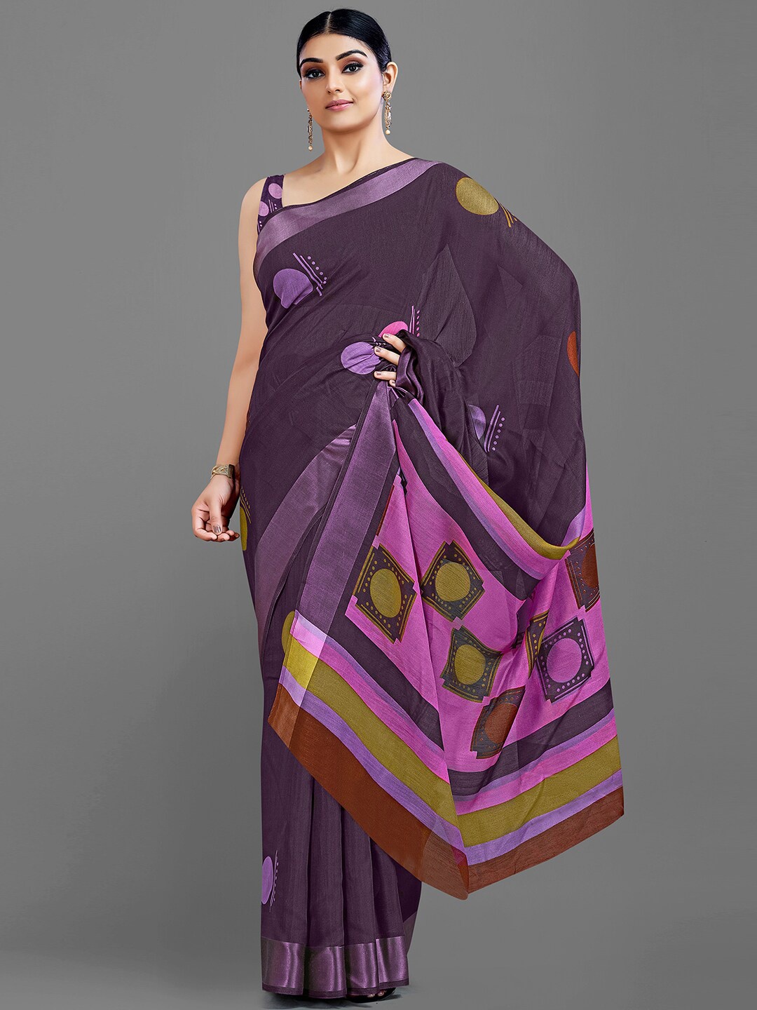 

HRITIKA Purple Ethnic Motifs Zari Block Print Saree